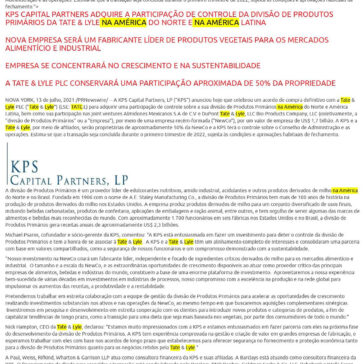 KPS Capital Partners adquire a participação de controle da divisão de Produtos Primários da Tate & Lyle na América do Norte e na América Latina – Jornal Capital de Minas