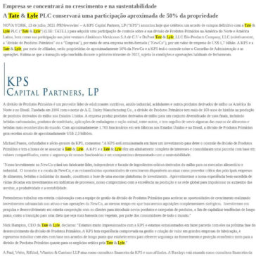KPS Capital Partners adquire a participação de controle da divisão de Produtos Primários da Tate & Lyle na América do Norte e na América Latina – Jornal Web Digital