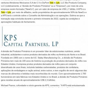 KPS Capital Partners adquire a participação de controle da divisão de Produtos Primários da Tate & Lyle na América do Norte e na América Latina – Jornalismo 24 Horas