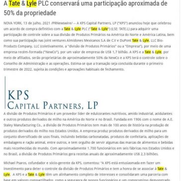 KPS Capital Partners adquire a participação de controle da divisão de Produtos Primários da Tate & Lyle na América do Norte e na América Latina – Loungee Mix