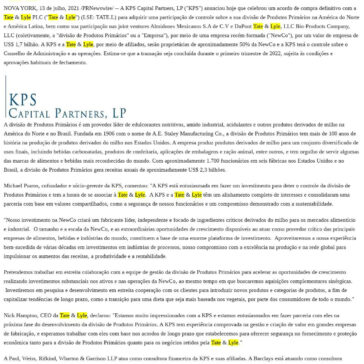 KPS Capital Partners adquire a participação de controle da divisão de Produtos Primários da Tate & Lyle na América do Norte e na América Latina – Marcas & Mercados