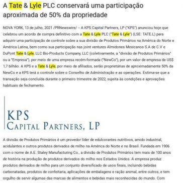 KPS Capital Partners adquire a participação de controle da divisão de Produtos Primários da Tate & Lyle na América do Norte e na América Latina – Na Pauta Online
