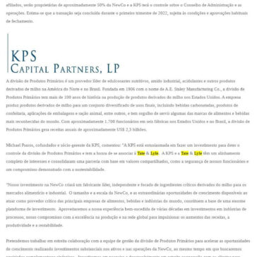 KPS Capital Partners adquire a participação de controle da divisão de Produtos Primários da Tate & Lyle na América do Norte e na América Latina – Paranoá Energia