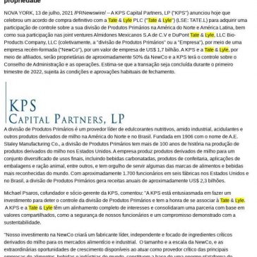 KPS Capital Partners adquire a participação de controle da divisão de Produtos Primários da Tate & Lyle na América do Norte e na América Latina – Por Dentro de Minas