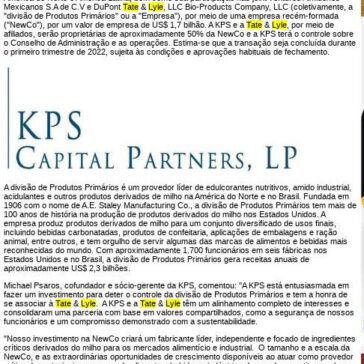 KPS Capital Partners adquire a participação de controle da divisão de Produtos Primários da Tate & Lyle na América do Norte e na América Latina – Portal Fator Brasil