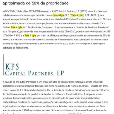 KPS Capital Partners adquire a participação de controle da divisão de Produtos Primários da Tate & Lyle na América do Norte e na América Latina – Rede USA