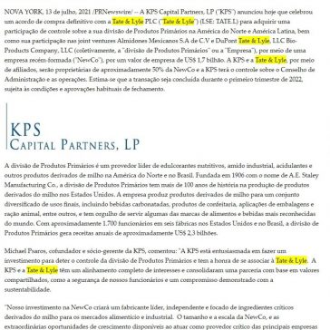 KPS Capital Partners adquire a participação de controle da divisão de Produtos Primários da Tate & Lyle na América do Norte e na América Latina – Revista Beer Art