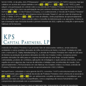 KPS Capital Partners adquire a participação de controle da divisão de Produtos Primários da Tate & Lyle na América do Norte e na América Latina – Revista Ecotour News