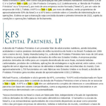 KPS Capital Partners adquire a participação de controle da divisão de Produtos Primários da Tate & Lyle na América do Norte e na América Latina – Top Sector