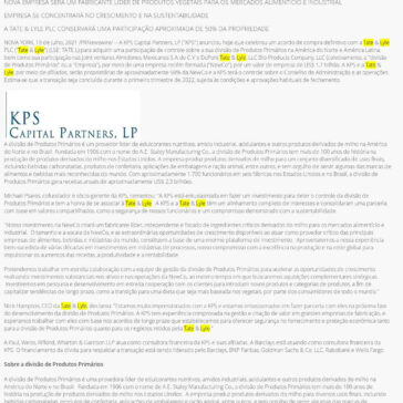 KPS Capital Partners adquire a participação de controle da divisão de Produtos Primários da Tate & Lyle na América do Norte e na América Latina – UBRAFE