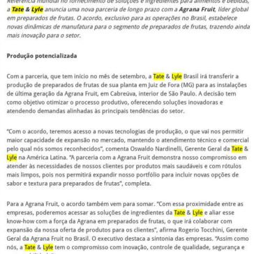Tate & Lyle firma parceria com a Agrana Fruit para expandir atuação no mercado de preparados de frutas no Brasil – 2A Alimentos