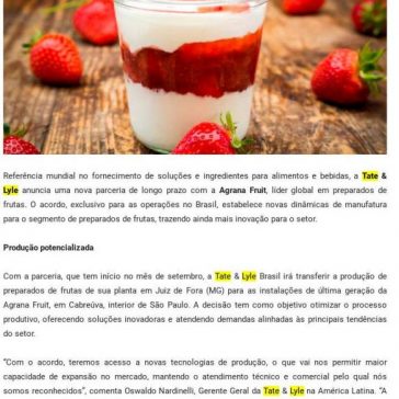 Tate & Lyle firma parceria com a Agrana Fruit para expandir atuação no mercado de preparados de frutas no Brasil – Alimentos & Bebidas