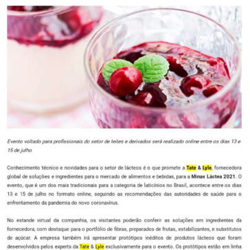 Tate & Lyle promove palestras sobre tecnologia e inovação em ingredientes na Minas Láctea 2021 – Alimentos & Bebidas