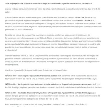 Tate & Lyle promove palestras sobre tecnologia e inovação em ingredientes na Minas Láctea 2021 – Revista Laticínios