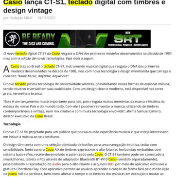 Casio lança CT-S1, teclado digital com timbres e design vintage – Música & Mercado