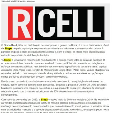 Rcell é a nova distribuidora da Singer no país – Gazeta da Semana