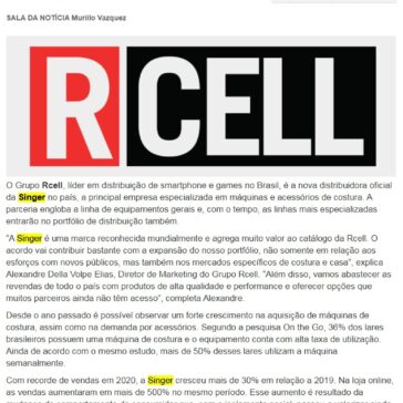Rcell é a nova distribuidora da Singer no país – Marcos Imprensa