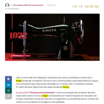 Singer estreia campanha na TV Globo e GNT em comemoração aos 170 anos da marca – Abc da Comunicação