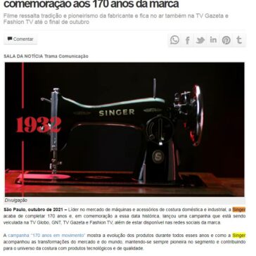 Singer estreia campanha na TV Globo e GNT em comemoração aos 170 anos da marca – Gazeta da Semana