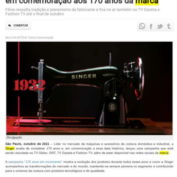 Singer estreia campanha na TV Globo e GNT em comemoração aos 170 anos da marca – Sala da Notícia