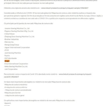 Estimativas de tamanho de mercado Máquinas de costura por visão geral da indústria, escopo, tendências e motivadores com previsão de receita até 2021-2026 – Ceará Máquinas
