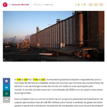 Tate & Lyle elimina uso de carvão em todas as suas operações – Abc da Comunicação