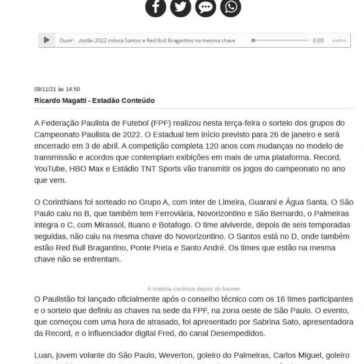 Sorteio do Paulistão 2022 coloca Santos e Red Bull Bragantino na mesma chave – BemParaná