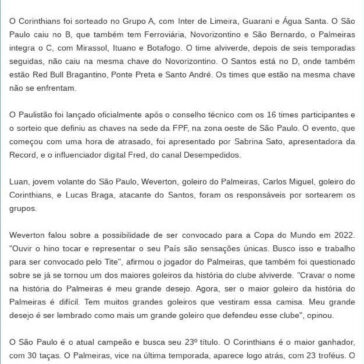 Sorteio do Paulistão 2022 coloca Santos e Red Bull Bragantino na mesma chave – Correio do Papagaio