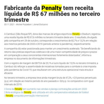 Fabricante da Penalty tem receita líquida de R$ 67 milhões no terceiro trimestre – Exclusivo Online