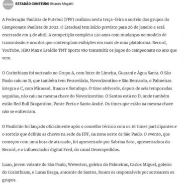 Sorteio do Paulistão 2022 coloca Santos e Red Bull Bragantino na mesma chave – Gaúcha ZH