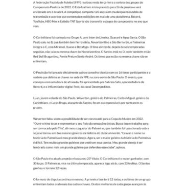 Sorteio do Paulistão 2022 coloca Santos e Red Bull Bragantino na mesma chave – Jornal VS