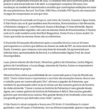 Sorteio do Paulistão 2022 coloca Santos e Red Bull Bragantino na mesma chave – Repórter Diário