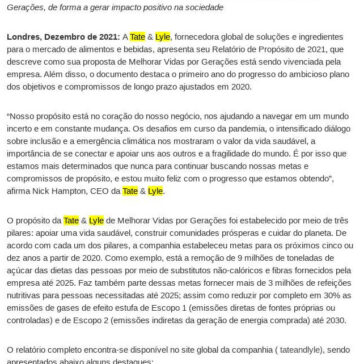 Tate & Lyle apresenta avanços em metas relacionadas ao seu propósito institucional – 2A Alimentos