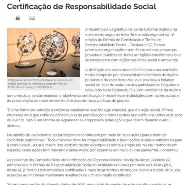 Empresas e entidades de SC recebem a Certificação de Responsabilidade Social – ALESC