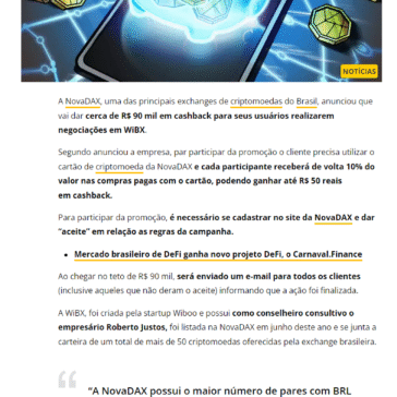 NovaDAX vai dar R$ 90 mil de graça em cashback para negociações na criptomoeda brasileira WiBX