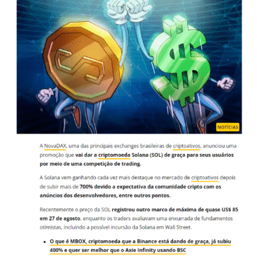 Criptomoeda de Graça: Novadax vai dar Solana de graça para seus usuários, criptomoeda já subiu mais de 700%