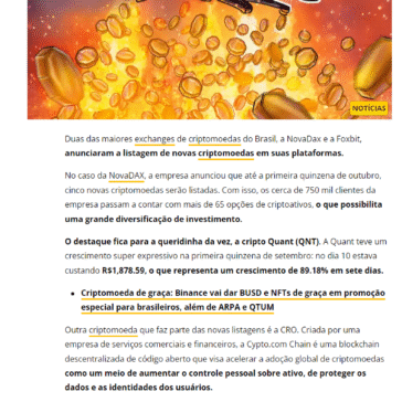 NovaDax lista 10 novas criptomoedas, uma delas subiu 89% e Foxbit novo token de precatório com previsão de lucro de 353% do CDI
