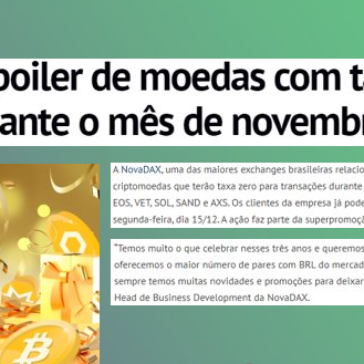 NovaDAX dá spoiler de moedas com taxa zero para transações durante o mês de novembro