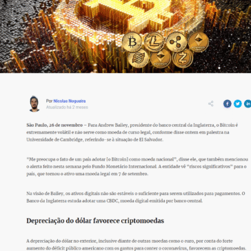 Bitcoin não é estável para ser moeda legal, diz presidente do Banco da Inglaterra