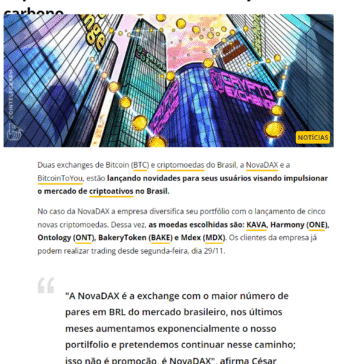 NovaDAX anuncia listagem de 5 novas criptomoedas e BitcoinToYou lança token de carbono