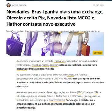 Novidades: Brasil ganha mais uma exchange, Olecoin aceita Pix, Novadax lista MCO2 e Hathor contrata novo executivo