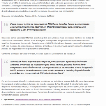 MCO2, token com crédito de carbono da Amazônia, é listado na NovaDAX