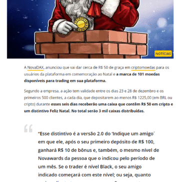NovaDax vai dar R$ 50 em criptomoedas de graça para traders em promoção de Natal