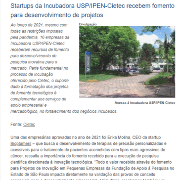 Startups da Incubadora USP/IPEN-Cietec recebem fomento para desenvolvimento de projetos