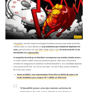 NovaDAX vai dar mais de R$ 13 mil em criptomoedas de graça e Passfolio lista altcoin que já subiu 315%