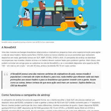 NovaDAX realiza campanha de airdrop e distribui mais de R$13 mil em criptomoedas