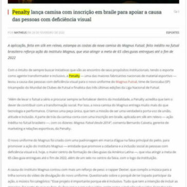 Penalty lança camisa com inscrição em braile para apoiar a causa das pessoas com deficiência visual – Templo dos Esportes