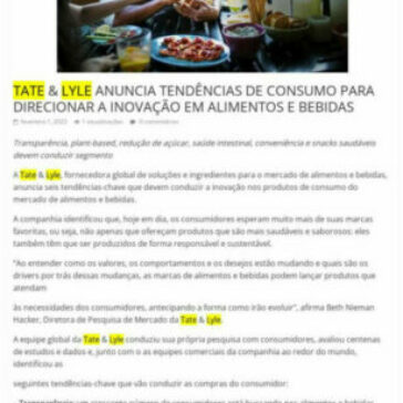 TATE & LYLE ANUNCIA TENDÊNCIAS DE CONSUMO PARA DIRECIONAR A INOVAÇÃO EM ALIMENTOS E BEBIDAS – REDE BRASIL DE NEGÓCIOS