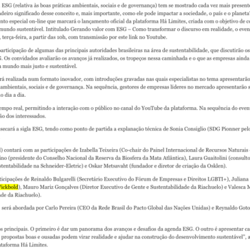 Evento online discute os desafios do ESG e marca lançamento da plataforma “Há Limites”