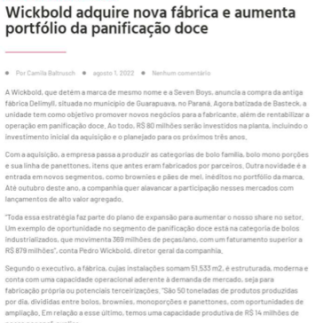 Wickbold adquire nova fábrica e aumenta portfólio da panificação doce